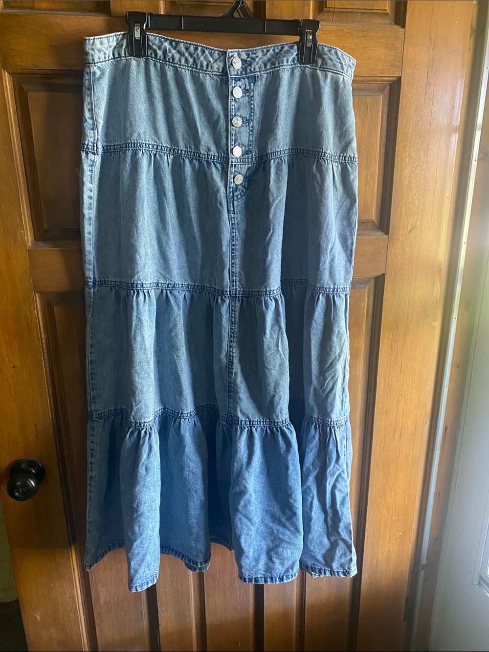 Maurices Light Blue Tiered Button-Front Denim Maxi Skirt